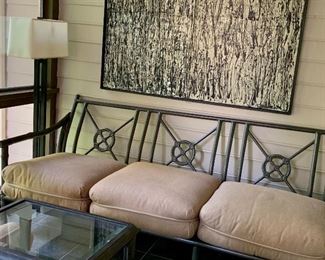 $1,695; Cast metal custom three seat sofa (cushion backs removed for photo) ; 35"H x 37"D x 88"W