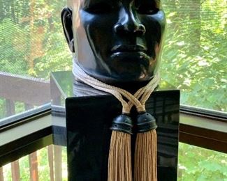 $14,000 ; "All Men" Original bronze sculpture with black patina by Regina Porten Signed. 1 in a series of 2. 2nd in series (green patina) is in a private collection. Overall 63"H, sculpture approx. 18"H, marble stand 14"D x 14.25"W