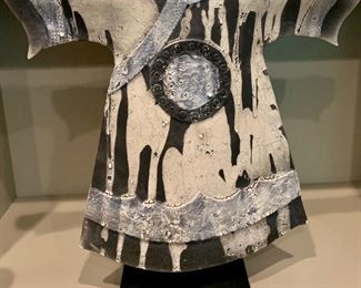 $495;Original ceramic kimono sculpture on custom stand; Signed Peggy Greenfield. 15"H x 14.25"W