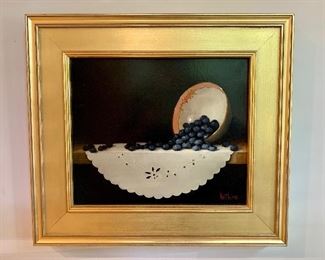 $695 "Bowl of Blueberries with Madeira" original oil on panel by Bert Beirne; Framed 15"H x 17"W