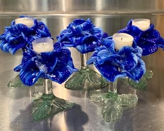 $200; Blue Murano glass floral candleholders on stems (one "as is"); Set of 5; 6.5"H