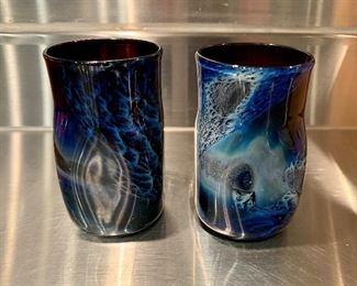 $210; Josh Simpson signed artglass; Set of seven hand blown tumblers. 4.5"H