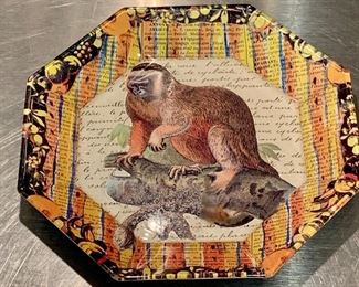 $45 Signed decoupage monkey plate; 7" diameter. Signed John Denison (Front)