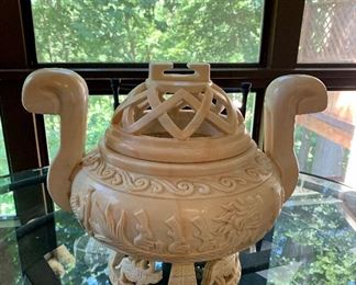 $395; Large carved soapstone urn with lid; 13"H x 16"W