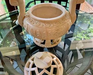 Detail; soapstone urn with lid