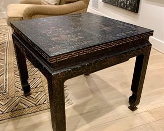 $3,000; PAIR Baker chinoiserie tables; One of two. 24.25"H x 26"D x 26"W.