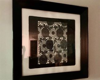 $875; Black and White floral fabric art framed and matted; 45.75"H x 45.75"W