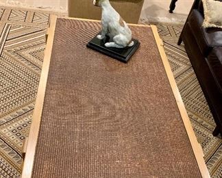 $1,495 Rattan topped wooden coffee table faux painted to resemble pine; 18.25"H x 35"D x 58"L