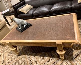 Detail: Rattan topped coffee table; 18.25"H x 35"D x 58"L