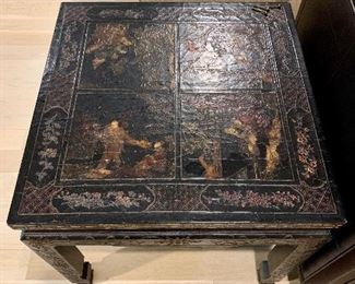 Detail; Baker chinoiserie black lacquer end tables. Two of two. 24.25"H x 26"D x 26"W.