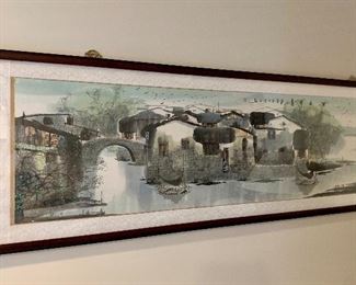 $875; Large framed painted scroll; 25.25"H x 80.5"W