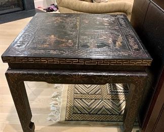 Detail; Baker chinoiserie black lacquer table;