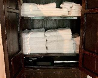Detail; Chinese black lacquer wardrobe - open (Towels not for sale)