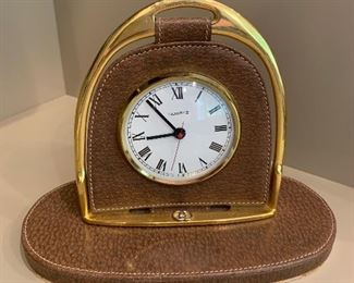 $275; Vintage Gucci Stirrup brown leather desk clock; 6"H x 3.5"D x 8"W