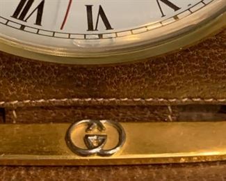 Detail; Vintage Gucci brown leather stirrup desk clock