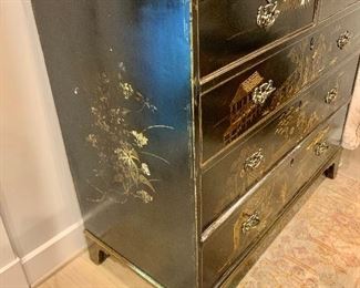 Detail: American Chippendale black lacquered chest with gilt accents