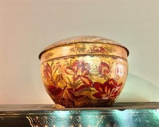 $395 Vintage paper mâché covered basket with lotus flower; 19" diameter, 16.5" high.