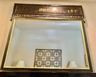 $900; Chinese black lacquered mirror with gilt; 49"H x 54"W