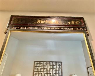 Detail; Chinese black lacquered mirror with gilt ; 49"H x 54"W