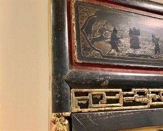 Detail; Chinese black lacquer mirror with gilt detail