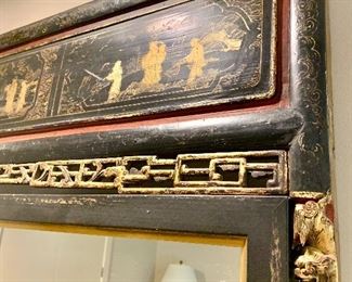 Detail; Chinese black lacquer mirror with gilt detail