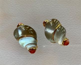 $40; Glass and stone shell clip earrings marked "replica"