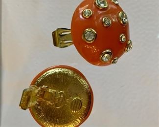 Detail; Kenneth Jay Lane orange enamel clip earrings