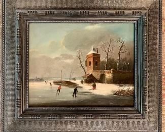 $825; Original late 19th century framed oil; Dutch skating scene; signed; 21.50"H x 24.5"W