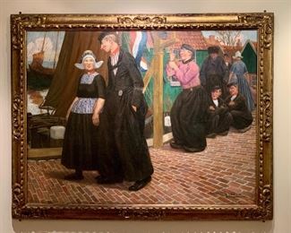 $9,800; "Volendam" ; Original oil on canvas with period gold leaf frame; Lucien Lievre (French, 1878-1936); 7'6" x 5'6"