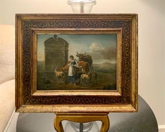 PAIR; One of two; small framed original oil rural scene on stand. unsigned. 10" by 12" without stand