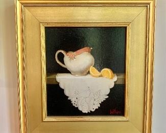$495 "Creamer, lemon slices & cutwork" Original oil on board by Bert Beirne; Framed 14"H x 13"W