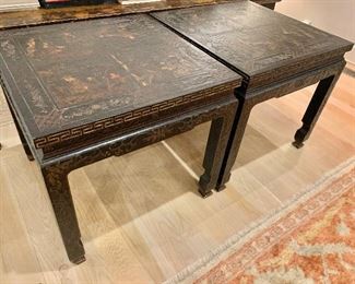 $3,000 PAIR Baker chinoiserie tables; One of two. 24.25"H x 26"D x 26"W.