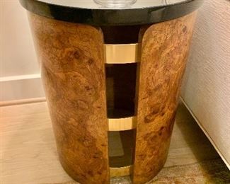$750 each. Round marble topped mid century table made of burled wood with brass fittings. 2 of 2 available; Approximately 22" H, 16" D