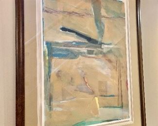 Large framed abstract mulitmedia art; illegibly signed; 55"H x 43"W