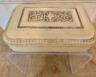 $250; Bakelite carved box; 3.5"H x 13"D x 18"W