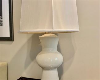 $175; White Ceramic modernist lamp with shade; 28"H