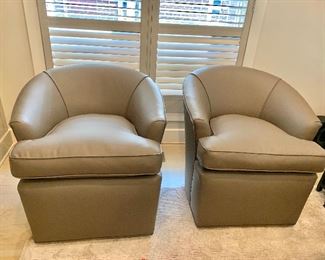 $795 PAIR Custom small barrel swivel chairs; Leatherette with nailhead trim; Excellent Condition; Chair 1 of 2; 30.5"H x 33"D x 31"W. Perfect for small spaces.