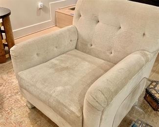 $900 Pair of custom tufted back velvet chairs. One of two. 34"H x 36"D x 32"W. Good condition. Lucite side Table and frosted glass bowl not for sale.