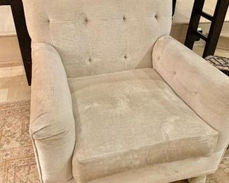 $900 Pair of custom tufted back velvet chairs. One of two. 34"H x 36"D x 32"W. Good condition. Lucite side Table and frosted glass bowl not for sale.