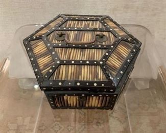 $195 Antique Porcupine Hexagon Quill Box; Approx. 7" across and 2" high