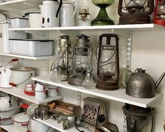 Oil lamps, glass lanterns, vintage kitchen tools