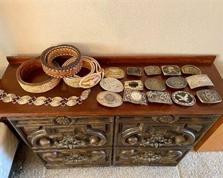 Large belt buckles, leather belts, silver belts