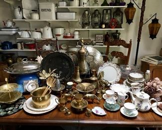 Various china dishes, teacups, saucers, Metal serving dishes and pitchers