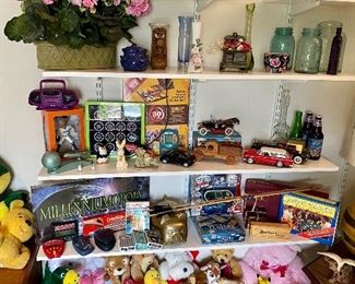 Stuffed animals, board games, vintage cars, ball glasses, home decor