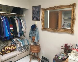 Gold framed mirror, love seat, radio