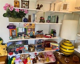 Stuffed animals, board games, vintage cars, ball glasses, home decor, lamps, picture frames, candle sticks