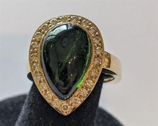 14k custom design ring with green tourmaline and pave diamonds $750