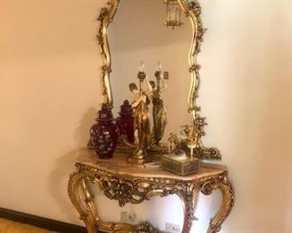 Vintage gold console table and mirror