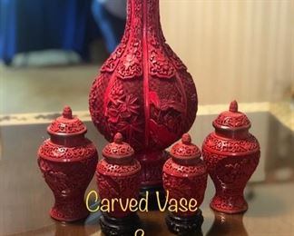 Carved vase and small ginger jars