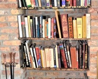 ASSORTED BOOKS, FIRE PLACE IRONS